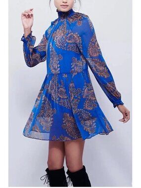 Free People Women's Blue Paisley Smocked High Neck Sheer Long Sleeve Mini Dress